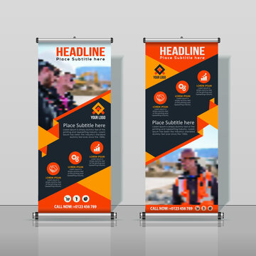Construction, Roll up Banner Black, Yellow, Orange, Design,  Business Abstract Vertical Template Vector, Cover Abstract Modern X-Banner, Brochure Flyer Banner Rectangle Size.