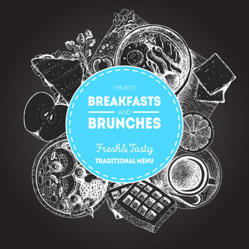 Breakfasts and brunches label. Food menu design template. Vintage hand drawn sketch vector illustration. Circle concept. Engraved image