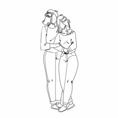 Mother And Daughter Embracing Together Black Line Pencil Drawing Vector. Mother And Daughter Hugging With Love, Family Harmony And Motherhood. Characters Mommy And Girl Relationship Illustration