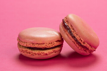 Raspberry flavor macaron cookies on pastel pink colored background