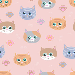 Seamless pattern with a cat's face and paws on pink background. Colorful vector illustration. Ideal for cover, wallpaper, fabric, wrapping.