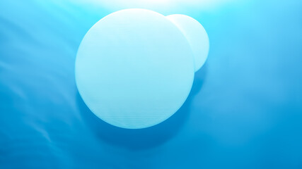 Empty white circle podium on blue water texture with waves in sunlight. layout, copyspace.Abstract background for product presentation.