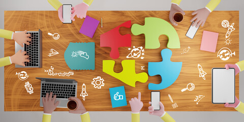Fototapeta premium Jigsaw puzzle light bulb on desk. Conceptual for brainstorming and teamwork. 3d rendering