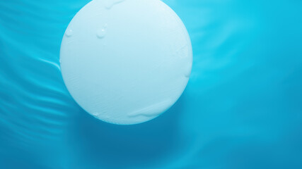 Empty white circle podium on water with waves in sunlight. layout, copyspace.Abstract background for product presentation.