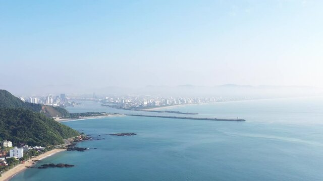 Aerial view of Itajaí marina jetties al calm Atlantic sea, Brazil