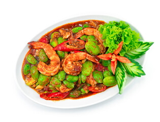 Stir Fried Stink Bean (Bitter Bean) with Shrimps and Shrimp Paste (Goong Pad Kapi Sator) Thai Food