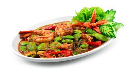 Stir Fried Stink Bean (Bitter Bean) with Shrimps and Shrimp Paste (Goong Pad Kapi Sator) Thai Food