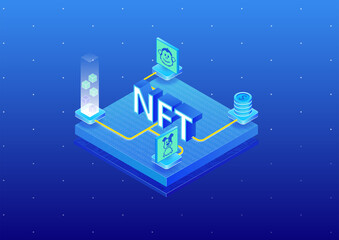 NFT Non fungible token concept infographic. 3d isometric vector illustration of digital artwork purchased via the blockchain.