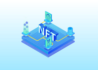 NFT Non fungible token concept infographic. 3d isometric vector illustration of digital artwork purchased via the blockchain.