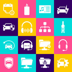 Set Car service, Headphones with microphone, Bottle of wine, Music book note, and sound waves and protection or insurance icon. Vector