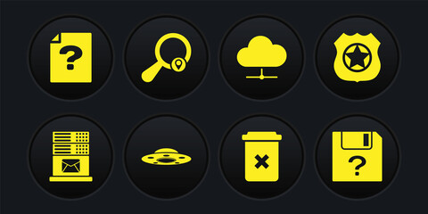 Set Mail server, Police badge, UFO flying spaceship, Trash can, Network cloud connection and Search location icon. Vector