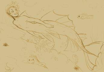 Sketch illustration of a merman swimming in the sea with a fish © furiarossa