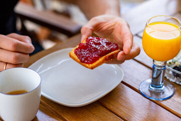 Orange juice for breakfast. Cupcake with jam. Baking with jam. Toast with jam. Orange. Fresh for breakfast. Delicious bright food. Nice breakfast.