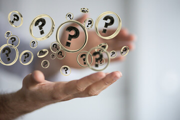 Businessman solving problem with digital question marks 3D rendering