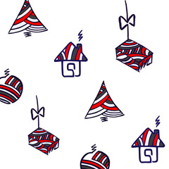 Christmas background with toys. New Year's style. Vector illustration with Christmas tree, gifts, house
Bright contrasts of red, gray shades, hand-drawn seamless pattern. Winter style for packing