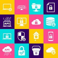 Set Cloud computing lock, Smartphone with, Server security, FTP folder and, Lock monitor and Computer api interface icon. Vector