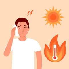 Young man suffering from heat stroke symptom. He got dizziness and sweaty in hot climate summer.