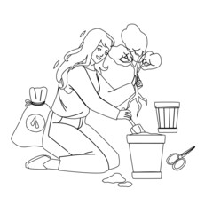 Replant Leaves Occupation Woman In Garden Black Line Pencil Drawing Vector. Young Girl Gardening And Replant Leaves In Pot. Character Lady Care Natural Growing Tree Plant, Home Planting Illustration