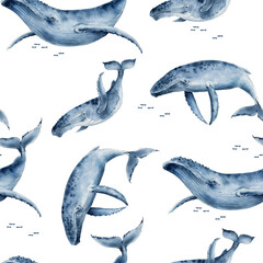 nahtloses Muster mit Aquarellillustrationen große Blauwale. handbemalt auf weißem Hintergrund.