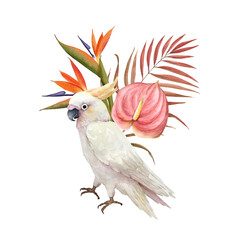 watercolor illustration of a white cockatoo bird on the background of a tropical bouquet of flowers, hand painted © Lana