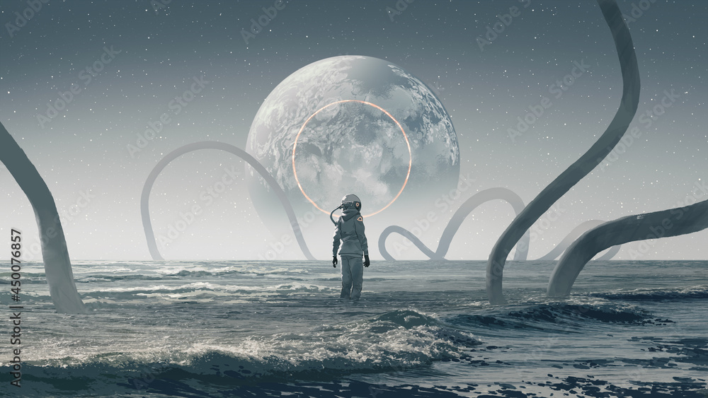 Wall mural astronaut standing in the strange sea and looking at the planet in the sky, digital art style, illus