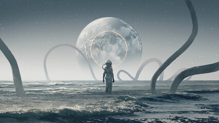 Astronaut, der im seltsamen Meer steht und den Planeten am Himmel betrachtet, digitaler Kunststil, Illustrationsmalerei