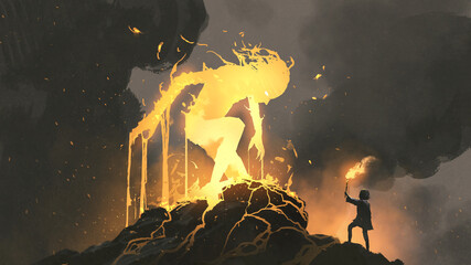 A kid standing and holding a torch facing a burning giant, digital art style, illustration painting