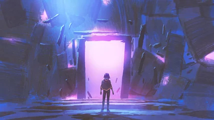 Wall murals Grandfailure A kid standing in front of the glowing purple entrance to go to another place, digital art style, illustration painting