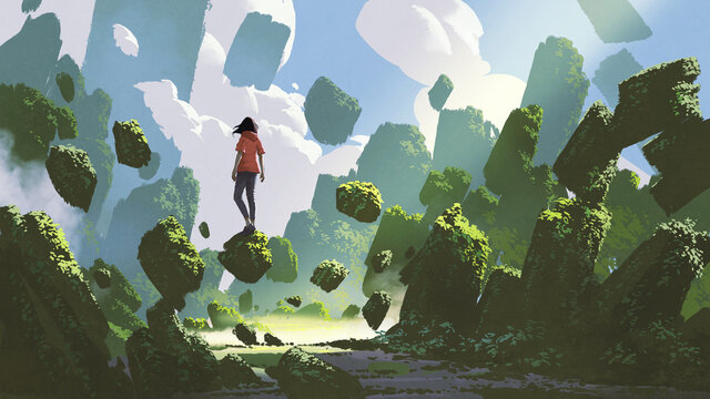 Fototapeta fantasy landscape showing a woman standing on a rock floating in midair, digital art style, illustration painting
