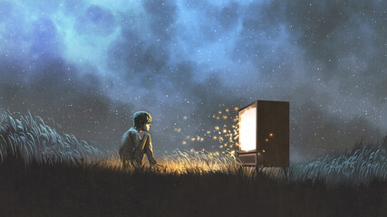 nachtscène van de jongen die naar een antieke televisie kijkt die gloeit en vonken uitvliegen, digitale kunststijl, illustratie, schilderkunst
