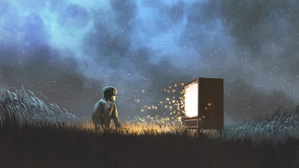 Selbstklebende Fototapete Großer Misserfolg Nachtszene des Jungen, der einen antiken Fernseher sieht, der glüht und Funken ausfliegt, digitaler Kunststil, Illustrationsmalerei
