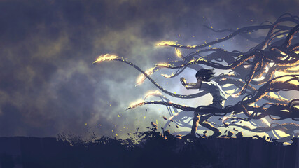 Fototapeta premium Fantasy scene of the young boy released magical power, digital art style, illustration painting