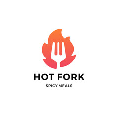 Hot food vector symbol. Logo of a fork with flame.