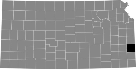 Black highlighted location map of the Bourbon County inside gray map of the Federal State of Kansas, USA