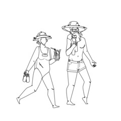 Senior Vacation Together On Ocean Shoreline Black Line Pencil Drawing Vector. Old Woman Carrying Slippers And Drinking Cocktail, Senior Man Wearing Hat And Sunglasses Walk On Sandy Beach. Illustration