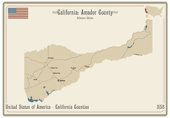 Map on an old playing card of Amador county in California, USA.