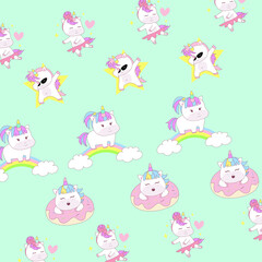 Unicorn seamless pattern. Cute fairy-tale animals. Pony unicorn with rainbow, cloud and star. Magical unicorn. Unicorn background illustration.