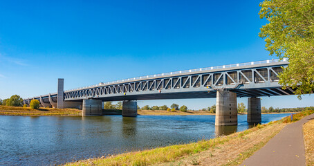 Panoramic view over a famous wonder water bridge for ship navigation canal near Magdeburg at Autumn...