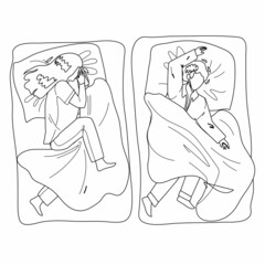 Sleeping Child Boy And Girl In Cozy Bed Black Line Pencil Drawing Vector. On Pillow And Covered Blanket Sleeping Child In Comfortable Bedroom Furniture. Characters Sleep And Dream Time Illustration