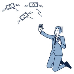 お金を失ってしまったスーツ姿の男性のアイソメ