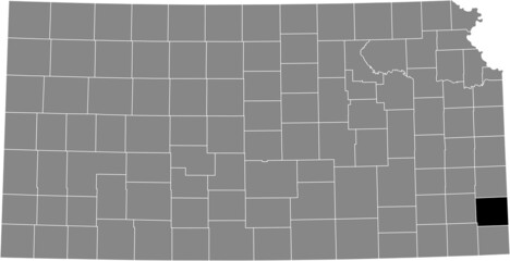 Black highlighted location map of the Crawford County inside gray map of the Federal State of Kansas, USA