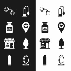 Set Location with heart, Bottle pills for potency, Sexy fluffy handcuffs, Penis pump, shop building, Anal plug, and Dildo vibrator icon. Vector