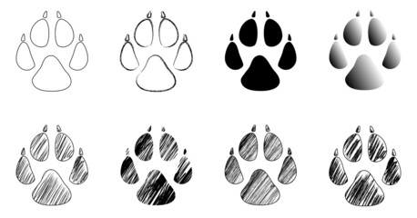 Set of dog tracks - animal footprint, Black and white  vector illustration.