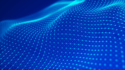 Digital technology background. Abstract dynamic wave of connected dots and lines on dark background. Wave of bright particles. Big data. 3d rendering.