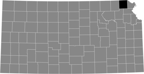 Black highlighted location map of the Brown County inside gray map of the Federal State of Kansas, USA