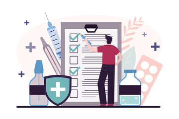 Man signs documents on consent to medical insurance. Patient in hospital filling document form. Medicine equipment. Health insurance protection