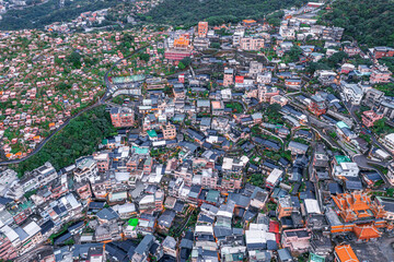 Aerial view Jiufen hill side Old town near Taipei Taiwan, Famouse old market street.