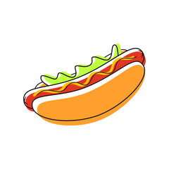 Hot Dog stylish drawing. Sandwich with sausage, green salad , and mustard. Vector illustration