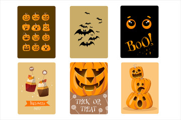 Halloween cards, sticker, set. Pumpkins, bat, ghost, holiday party, trick or treat