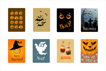 Halloween cards, sticker, set. Pumpkins, cemetery, bat, ghost, holiday party
